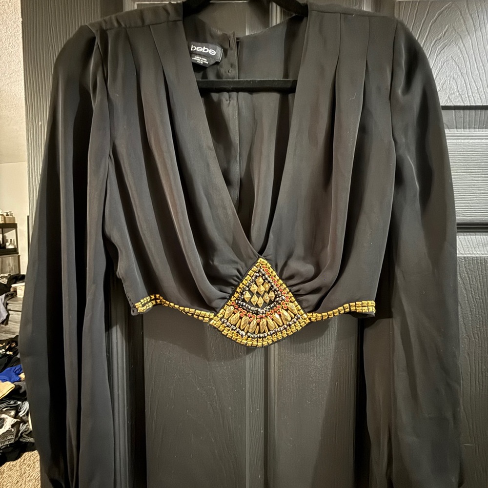 Bebe Black Gown with Gold Detailing
